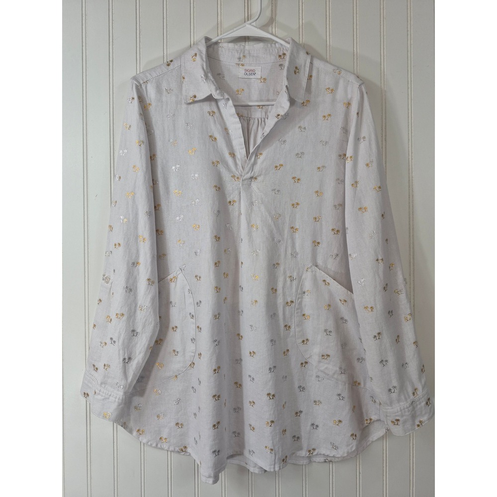 NWOT Sigrid Olsen White Linen Blend Palm Tree Print Tunic Top Long Sleeve Pocket